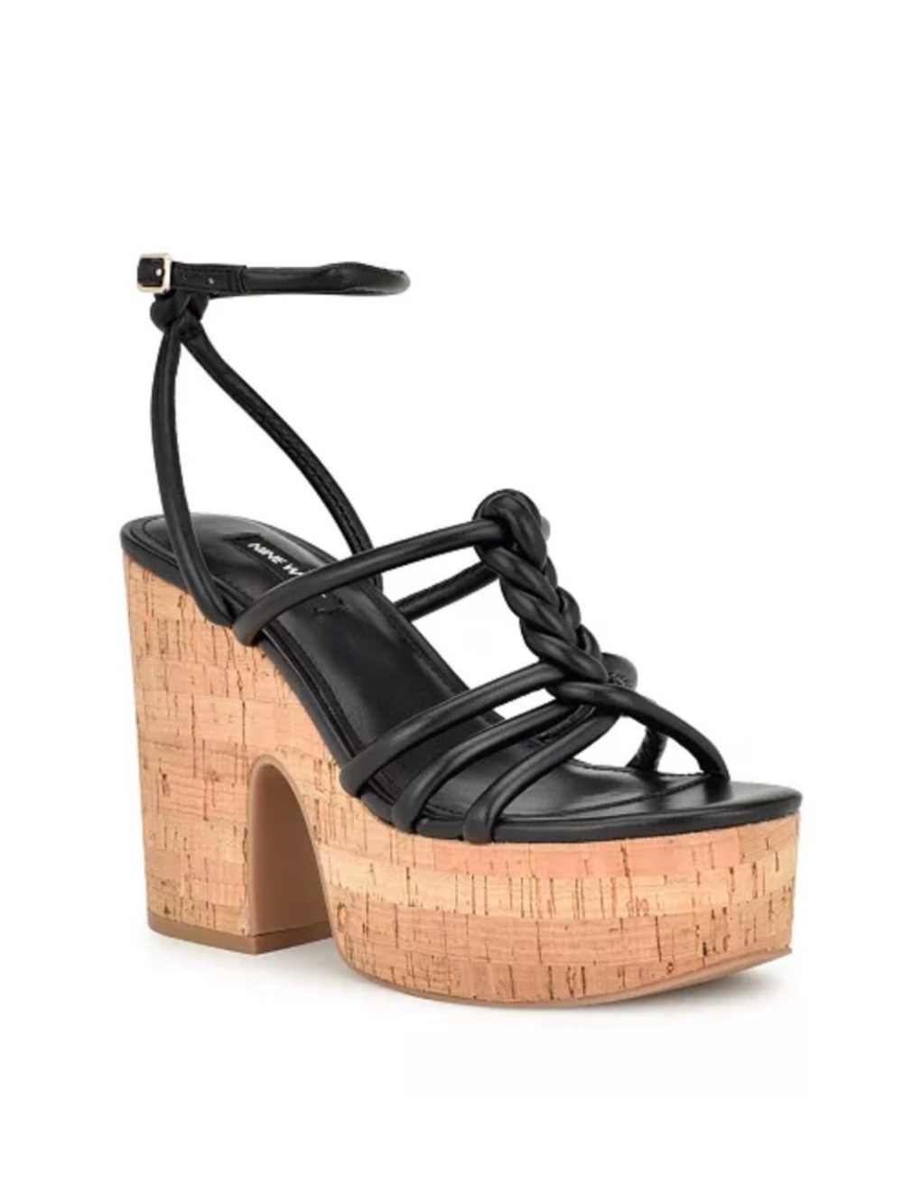 Braided Black Leather Ankle-Strap Cork Platform Sandals